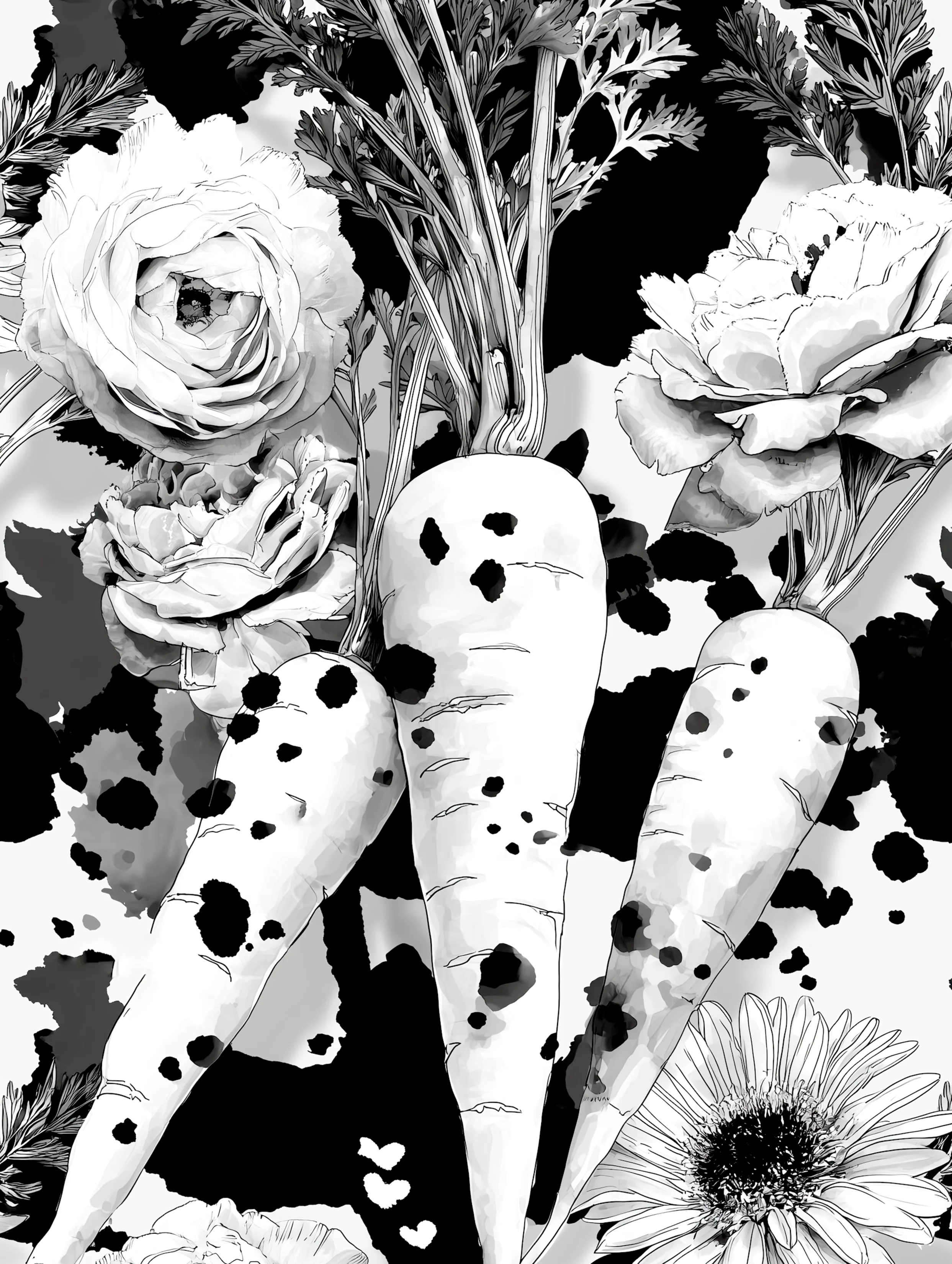 Free printable carrot coloring page for adults featuring splotches on three carrots